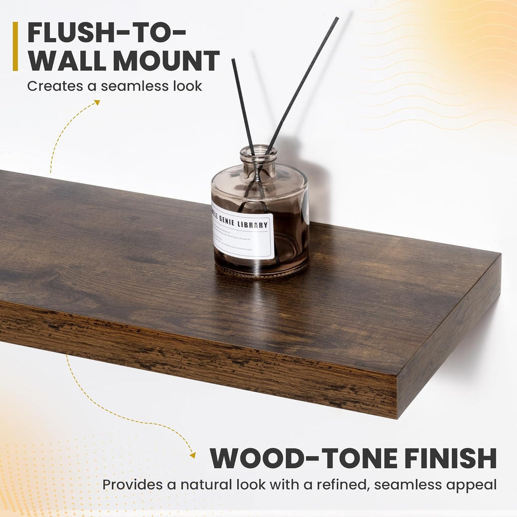 24 Inch Floating Shelves, 9.3" Deep Floating Shelf Wall Mounted, 24" Wall Shelves, Rustic Deep Bookshelf, Large Display Shelves & Storage Shelves for Bedroom, Living Room, Brown, Set of 2