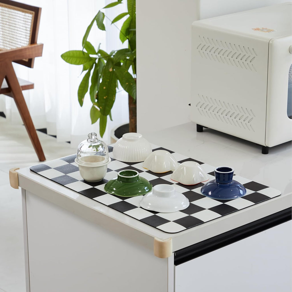 Checkered Dish Drying Mat for Kitchen Counter, Coffee Bar Station Accessories, Retro Cute Aesthetic Modern Absorbent Drainer Mat Kitchen Drying Mat Easy Clean, Black 12" x 19"