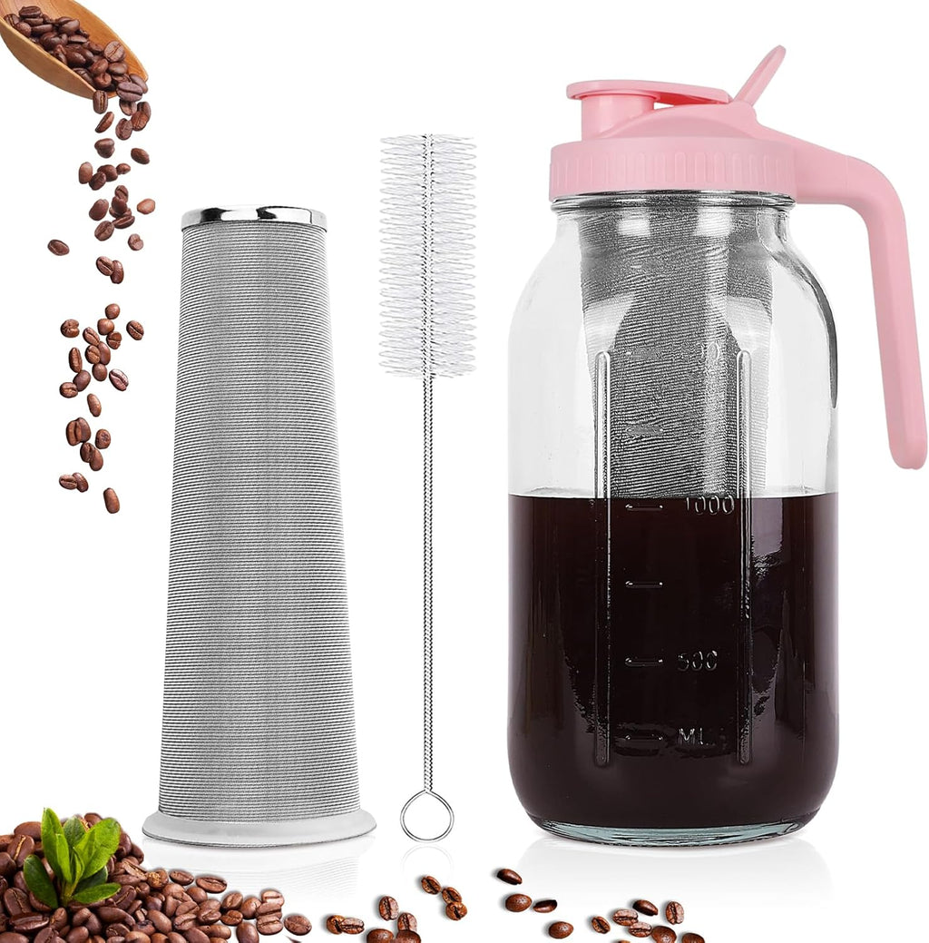 Cold Brew Coffee Maker，64 oz Wide Mouth Mason Jar Pitcher with Stainless Steel Filter, Pour Spout Handle Lid, Heavy Duty Glass Airtight & Leak-Proof Pitcher for iced coffee & Tea Lemonade-Pink