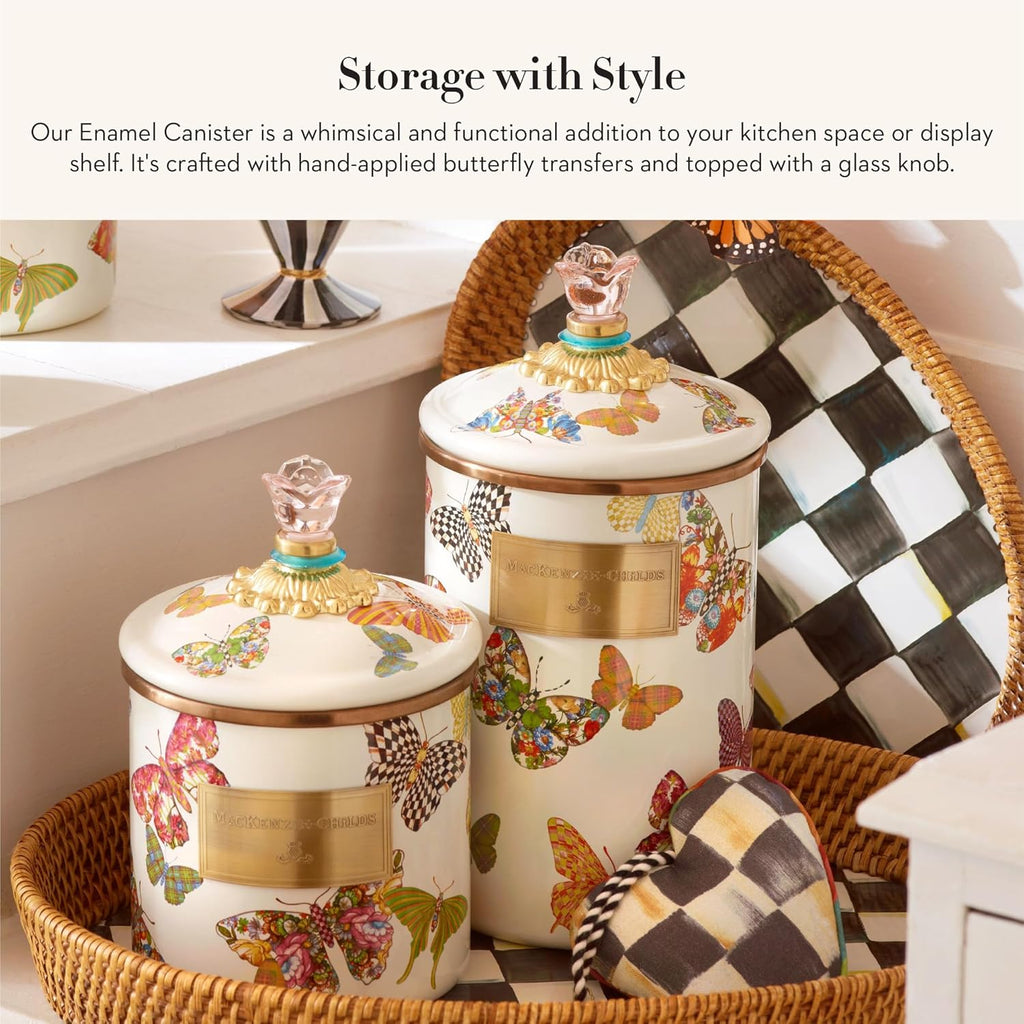 MACKENZIE-CHILDS Butterfly Garden Enamel Canister, Pretty Kitchen Storage Container with Lid, Large