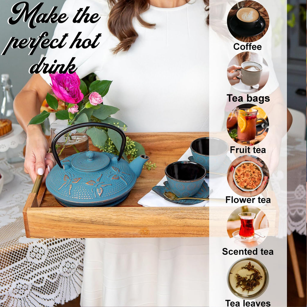 7PC Japanese Tea Set. "Blue Butterfly" Cast Iron Tea Pot with 2 Tea Cups, 2 Saucers, Tea Infuser and Teapot Trivet. Ceremonial Matcha Accessories