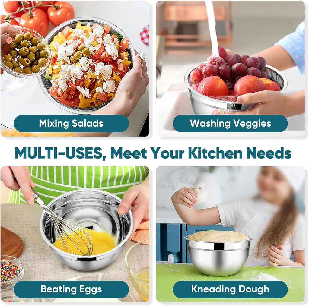 TeamFar Mixing Bowl Set of 5, Stainless Steel 4.5/3/1.5/1/0.7 QT Metal Nesting Salad Bowls with Lids, Ideal for Mixing Serving Tossing, Non-Toxic & Sturdy, Airtight Lid & Easy Clean, Blue