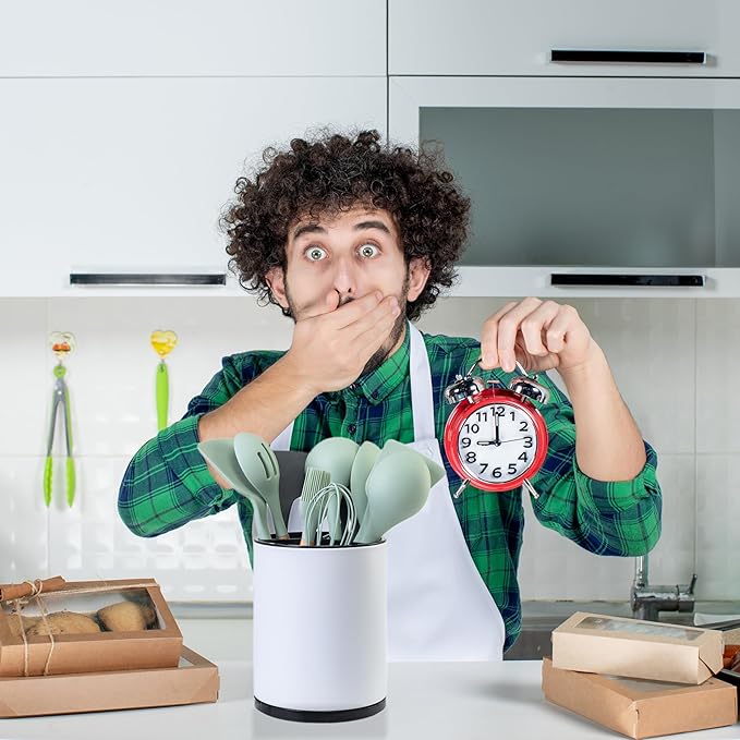 Kitchen Utensil Holder Extra Large 360°Rotating For Counter Organizer Stainless Steel Storage Cooking Silverware Caddy 3 Compartment Flatware Spoon Spatula Tool Cutlery Container（White）