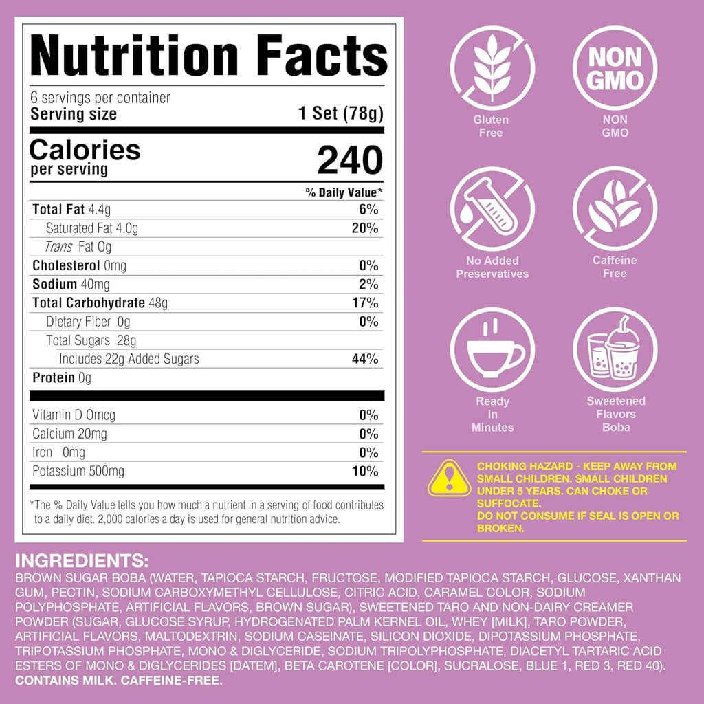 J WAY Instant Boba Bubble Pearl Taro Milk Tea Kit with Authentic Brown Sugar Tapioca Boba, Ready in Under One Minute, Paper Straws Included - 6 Servings