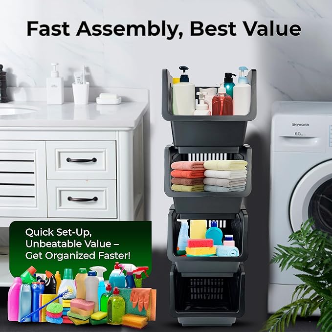 Skywin TidyFriend Small Stackable Storage Bins for Toy Organizer and Storage 4 Pack, Toy Storage Organizer for Kids Room and Home Organization (Black)