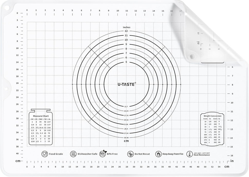 U-Taste 28"x20" Large Pastry Mat: Food-Grade Liquid Silicone Dough Rolling Baking Sheet, Non-Stick Non-Slip for Kneading, Making Pizza, Fondant with Clear Measurement and Raised Edges (Transparent)
