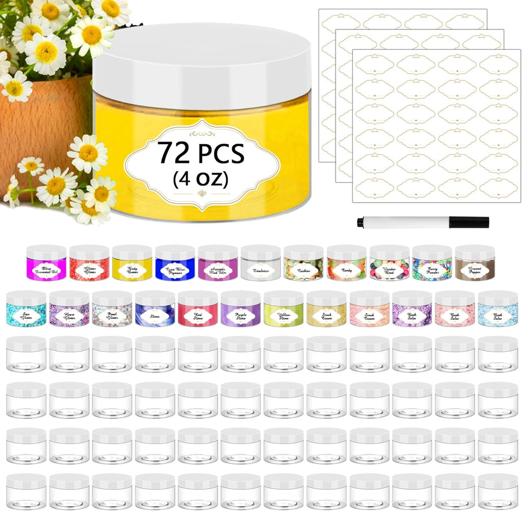 72 Pcs Plastic Jars, 4 OZ Plastic Jars with White Lids Round Clear Storage Containers Jar Leak Proof Slime Containers with Lids for Travel Refillable Slime Storage Jar for Beauty Product