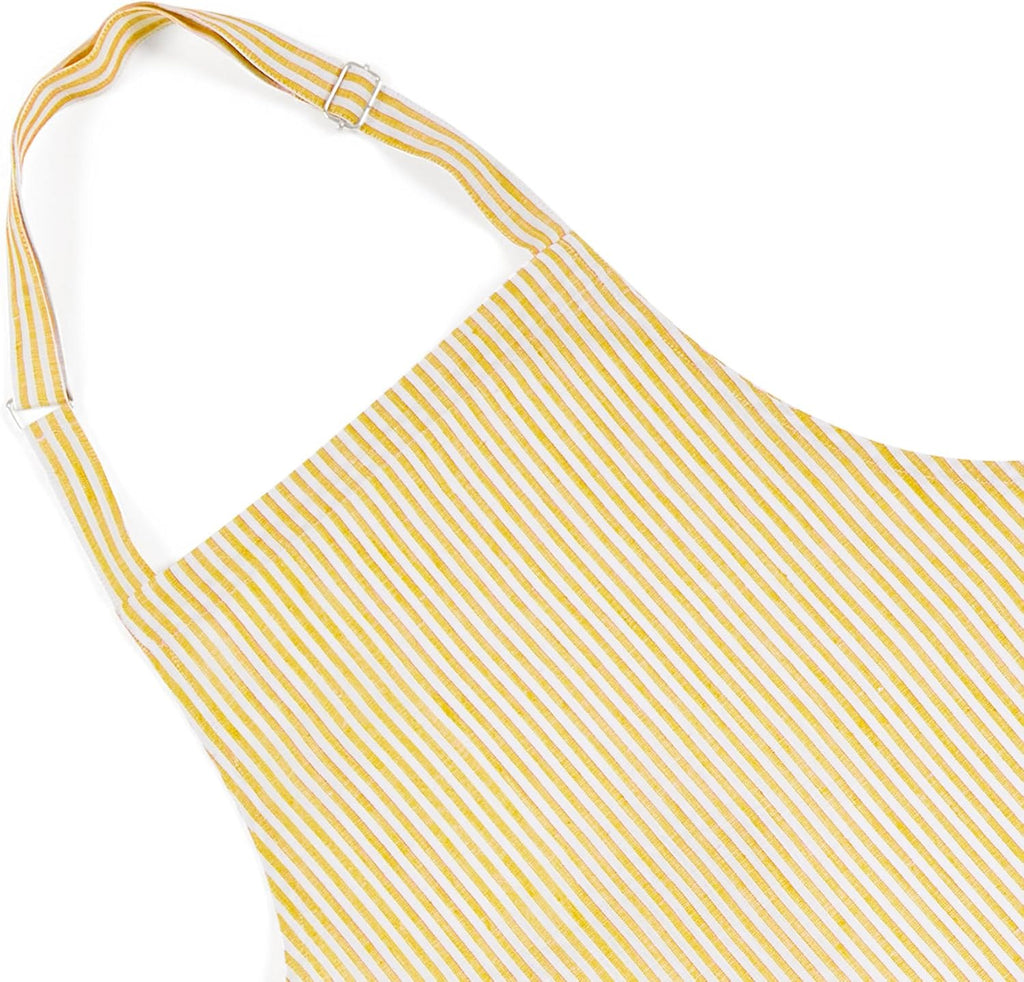 Solino Home 100% Pure Linen Apron for Women & Men - Spicy Mustard and White Stripe Full Midi Bib Apron, Adjustable Neck Strap with Center Pockets for Kitchen, Chef - Handcrafted from European Flax