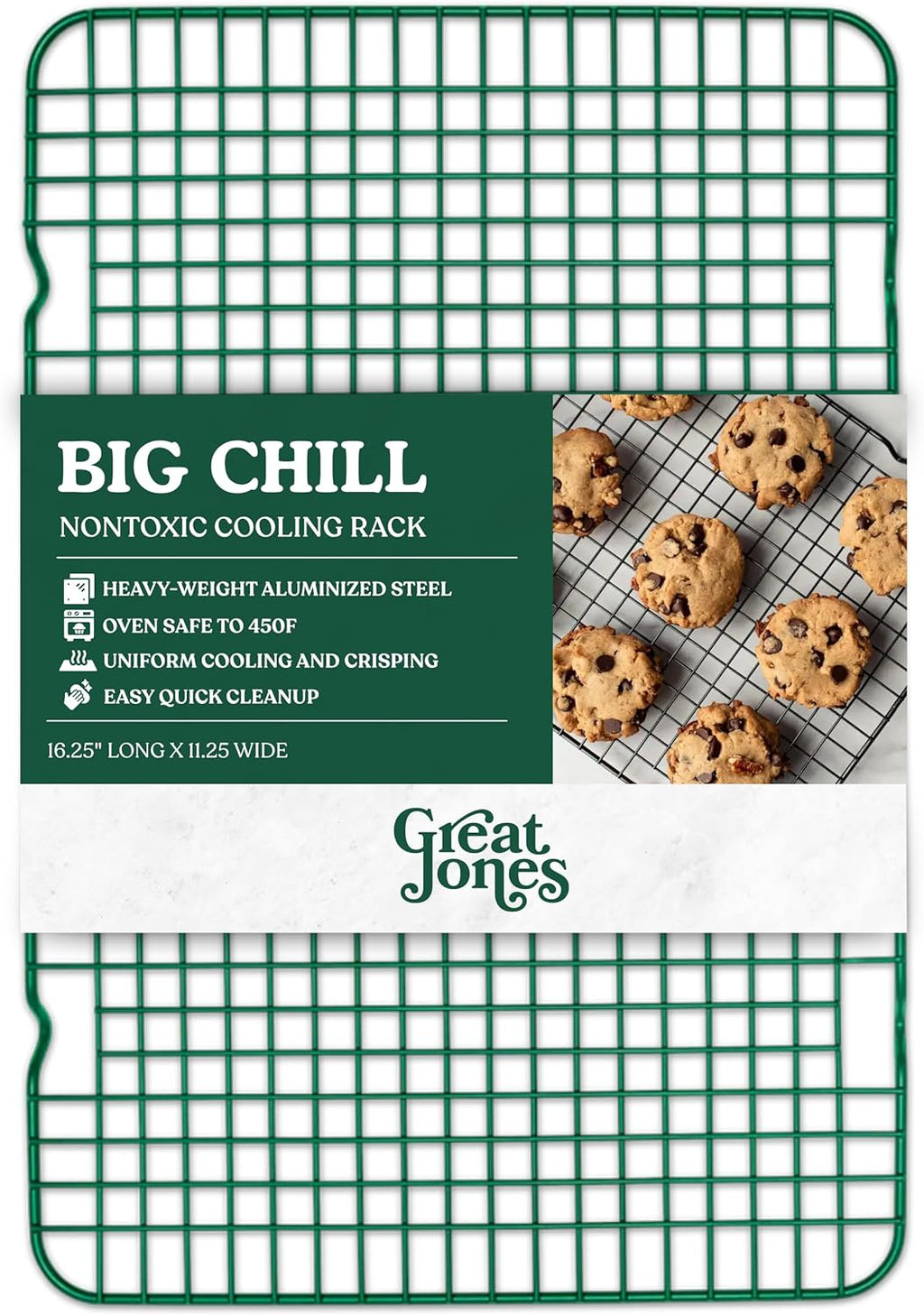 Great Jones Big Chill Wire Cooling Rack (Broccoli) – 16.25" × 11.25" Heavy-Weight Aluminized Steel,Nonstick Baking Rack – Oven Safe 450 °F, Bacon & Cookie Cooling Rack – Fits Half Sheet Pans