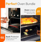 Oven Liners for Bottom of Oven (2-pack) Bundled with Rack Shield Guard (2-pack) - Large Mats for the Bottom (17"x 25") and 14" Silicone Rack Protector - Reusable & Heat Resistant Kitchen Accessories