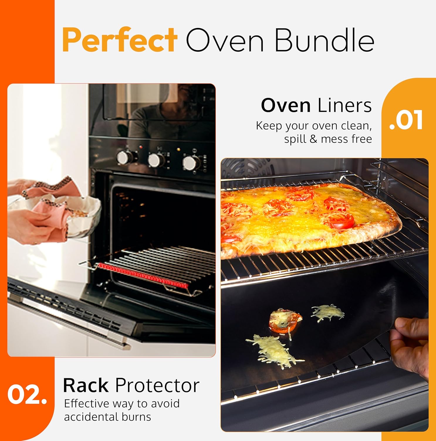 Oven Liners for Bottom of Oven (2-pack) Bundled with Rack Shield Guard (2-pack) - Large Mats for the Bottom (17"x 25") and 14" Silicone Rack Protector - Reusable & Heat Resistant Kitchen Accessories