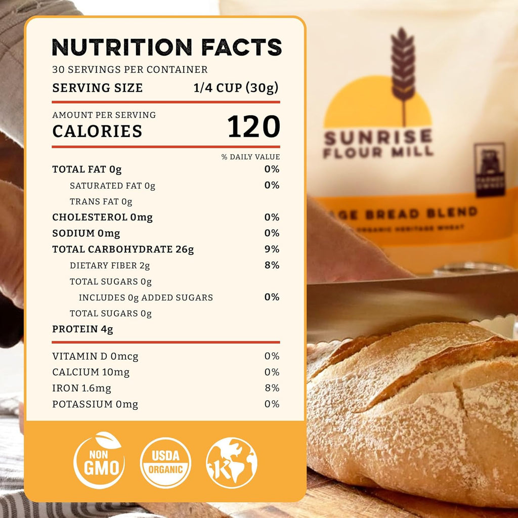 Sunrise Flour Mill Heritage Organic Bread Flour Blend - 2.0 lbs | Organic Unbleached Bread Flour Easy to Digest with Less Bloating | High Protein for Superior Baking | Smooth, Nutty Flavor
