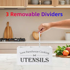 Kitchen Utensil Holder,Farmhouse Wooden Utensil Holder For Kitchen Counter,Large Cooking Spatula Organizer,Big Storage With 3 Compartments Flatware Spoon Tool Cutlery(White)