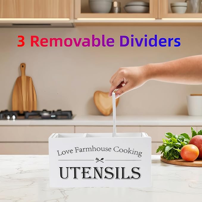 Kitchen Utensil Holder,Farmhouse Wooden Utensil Holder For Kitchen Counter,Large Cooking Spatula Organizer,Big Storage With 3 Compartments Flatware Spoon Tool Cutlery(White)