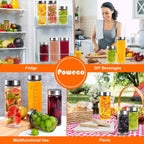 Glass Juice Bottles 6 Pack 12 oz - Wide Mouth Glass Water Bottles with Lids - for Juicing, Protein, Smoothie, Milk, Reusable, BPA Free, Stainless Steel Lids, Blender, Shaker Bottle (12oz/400ml)