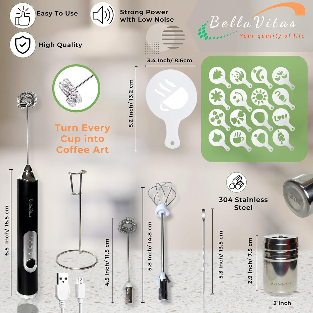 Milk Frother Handheld Rechargeable 3-Speed Electric Frother Wand Whisk Foam Maker Drink Mixer with Stand, 2 Whisks, Spice Shaker, Art Stencils, Art Pen for Coffee Latte, Cappuccino, Black