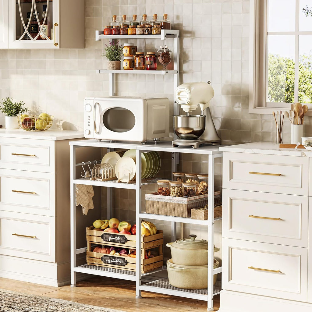 Huuger 31.5 Inch Bakers Rack with Power Outlets, Kitchen Microwave Stand with Storage, Coffee Bar with 4 Hooks, 3-Level Height Open Shelves, White