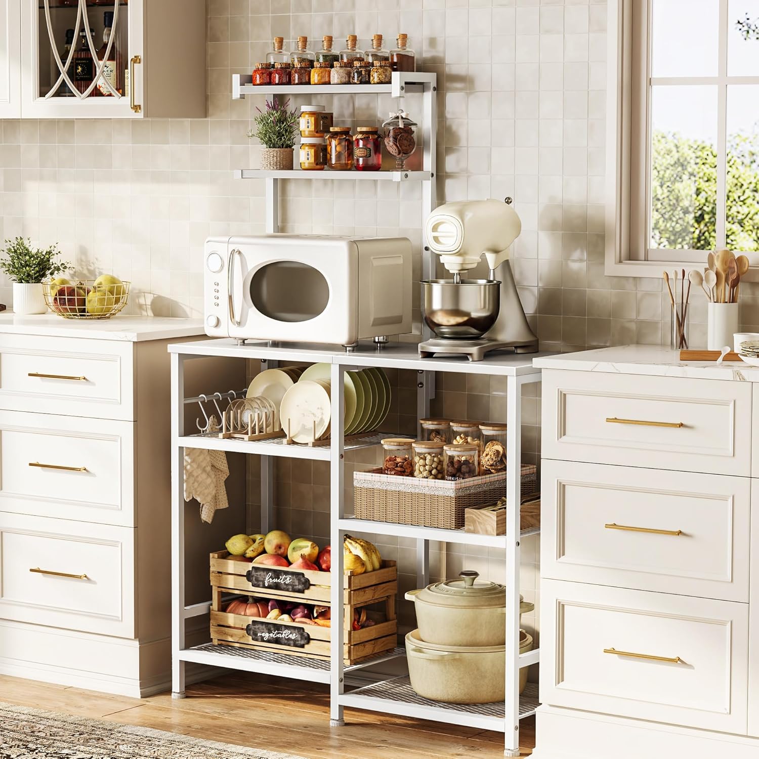 Huuger 31.5 Inch Bakers Rack with Power Outlets, Kitchen Microwave Stand with Storage, Coffee Bar with 4 Hooks, 3-Level Height Open Shelves, White