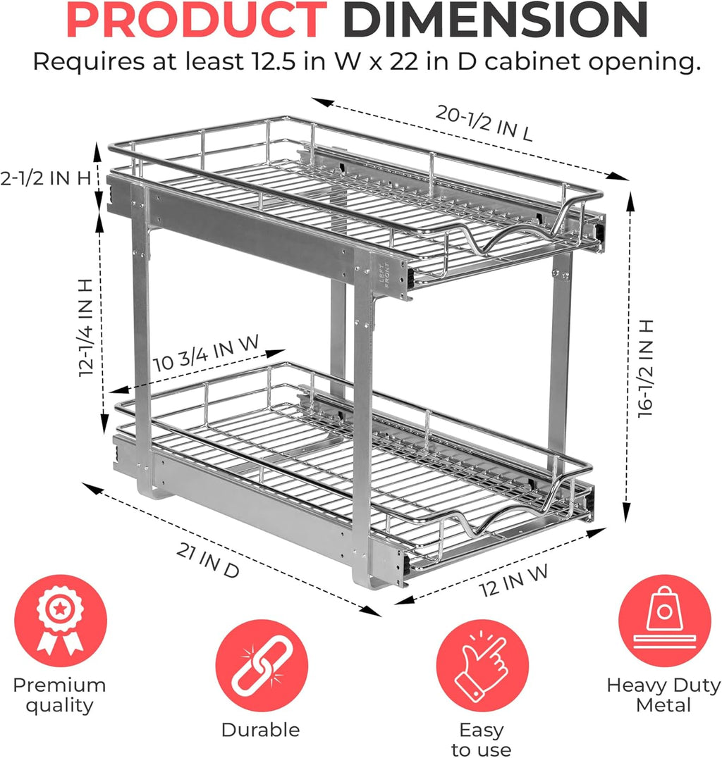 HOLDN’ STORAGE Two Tier Pull Out Cabinet Organizer, Individual Sliding Drawers - Heavy Duty Metal with Lifetime Limited Warranty - Anti Rust Chrome Finish - 12" W x 21”D x 16.5" H