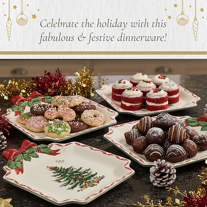 Spode Christmas Tree Ribbons Canape Platter - 6.5-Inch Holiday Serving Plate for Desserts, Appetizers, and Treats - Festive Earthenware Christmas Dinnerware with Gold Accents - Dishwasher Safe