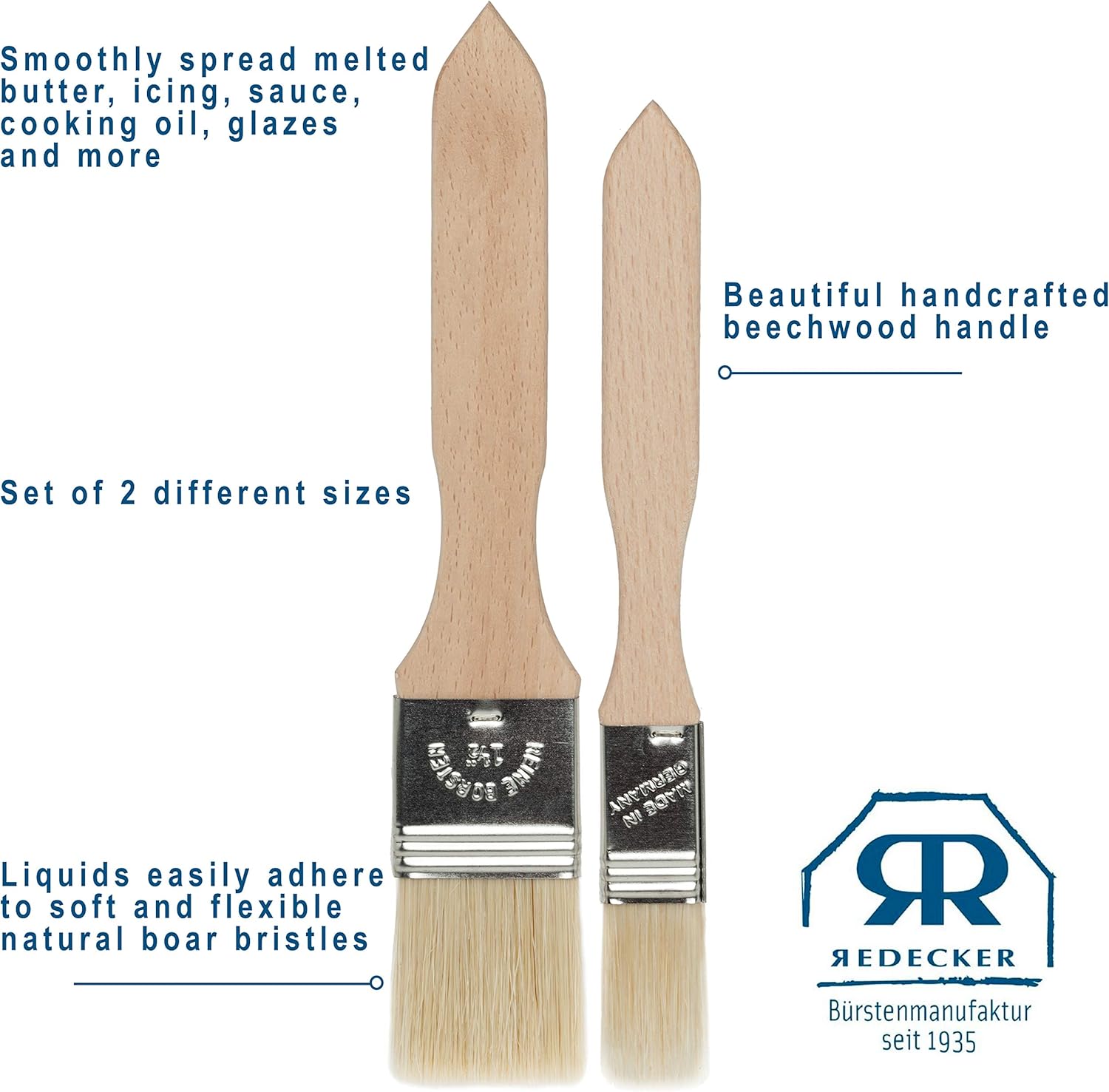 REDECKER Pastry Brushes Set with Untreated Beechwood Handles - 2 Different Sizes - Multi-purpose Brushes - Natural Bristle Basting Brush for Glazing and More - Wood Pastry Brush German Designed