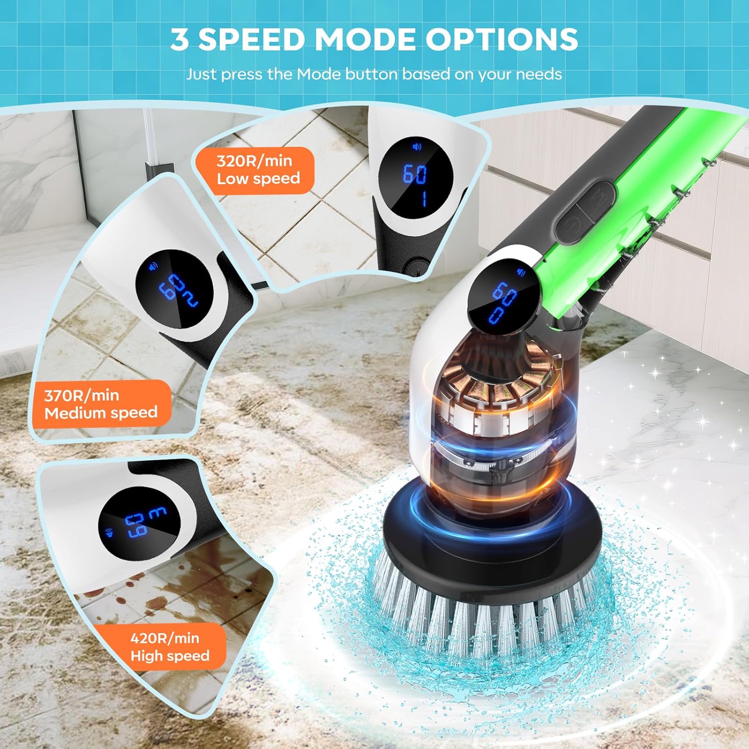 YKYI Electric Spin Scrubber,Cordless Cleaning Brush,Shower Cleaning Brush with 8 Replaceable Brush Heads,Power Scrubber 3 Adjustable Speeds,Adjustable & Detachable Long Handle,Voice Broadcast