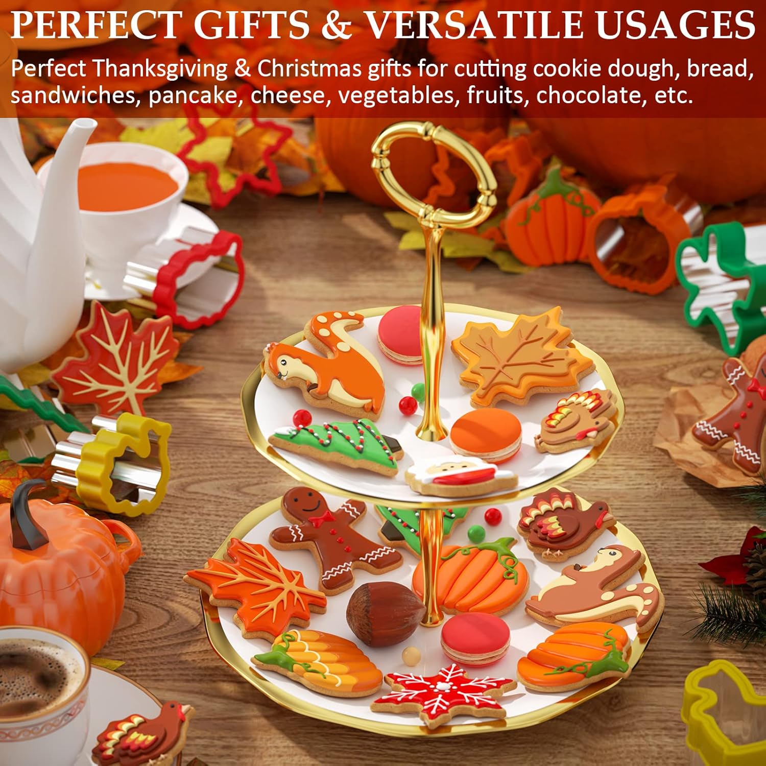 Fall Thanksgiving Cookie cutters Set 8 Pieces, Holiday Christmas Cookie Cutters Pumpkin Leaf Baking Cutters Shapes for Kids with Comfort Grip, Gingerbread Man, Turkey, Squirrel, Xmas Tree, Santa, etc