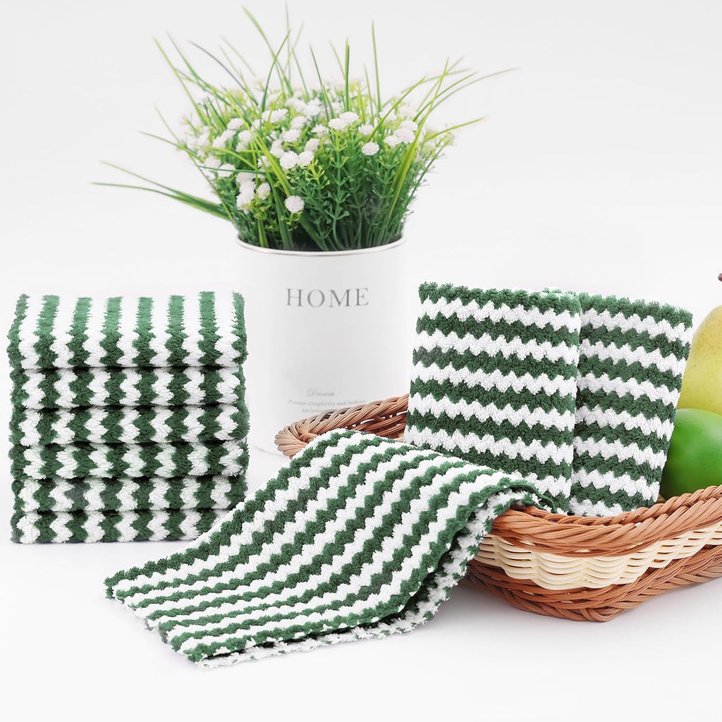 Homaxy 12 Pack Kitchen Dish Cloths, Ultra Soft and Absorbent Dish Towels, Reusable Fast Drying Microfiber Cleaning Cloth, Coral Velvet Wave Design No-lint, 10 x 10 inches, Grass Green