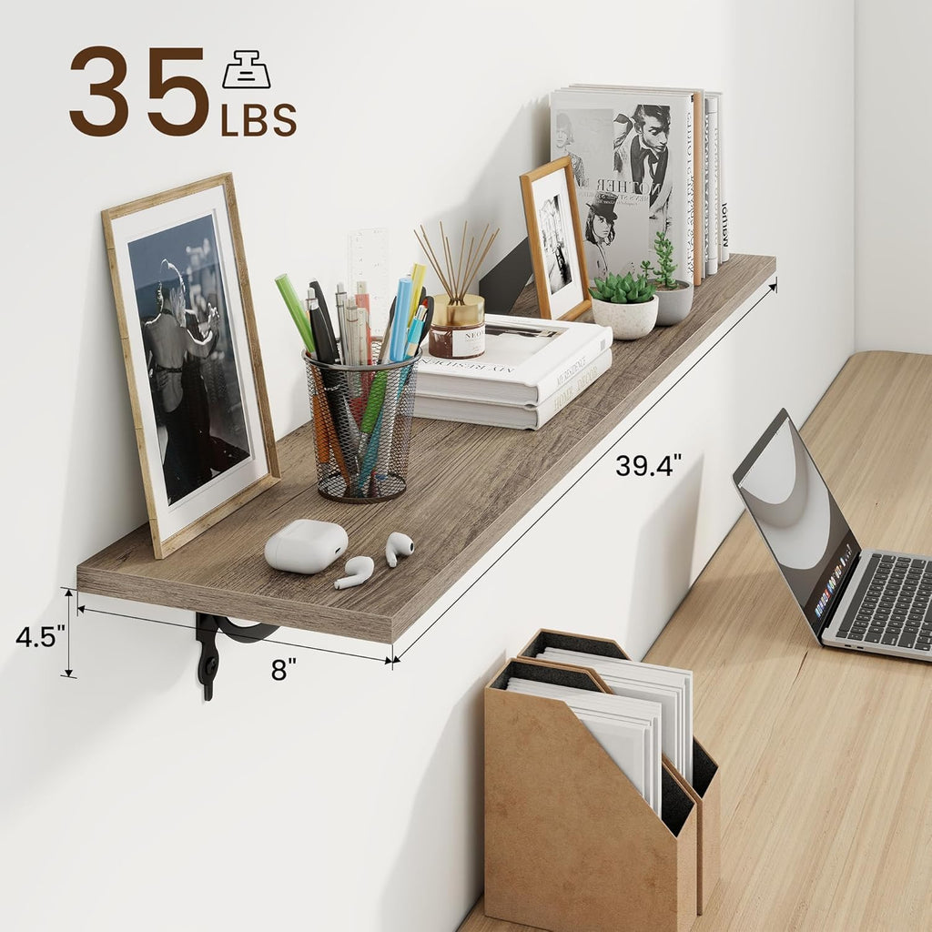 RICHFOCUS Floating Shelves for Wall Decor, 39.4W x 8D Wall Shelves Set of 2, 8 Inch Deep Rustic Wood Shelves Wall Mounted with Brackets, Long Floating Shelves for Living Room Bedroom Kitchen, Grey