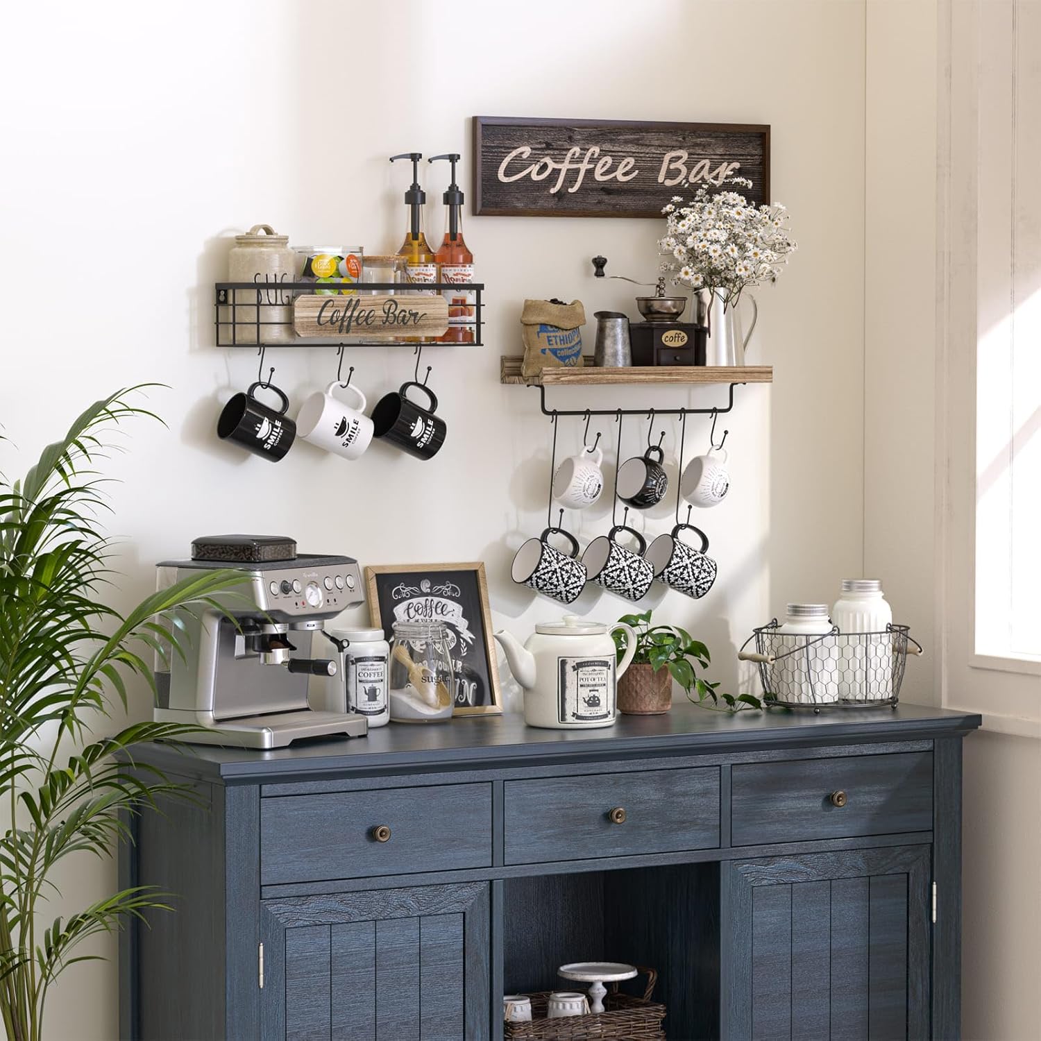 Floating Mug Racks 2 Pack - Wall Mounted Coffee Cup Holder with 12 Hooks, Mug Organizer for Kitchen, Farmhouse Coffee Bar Decor