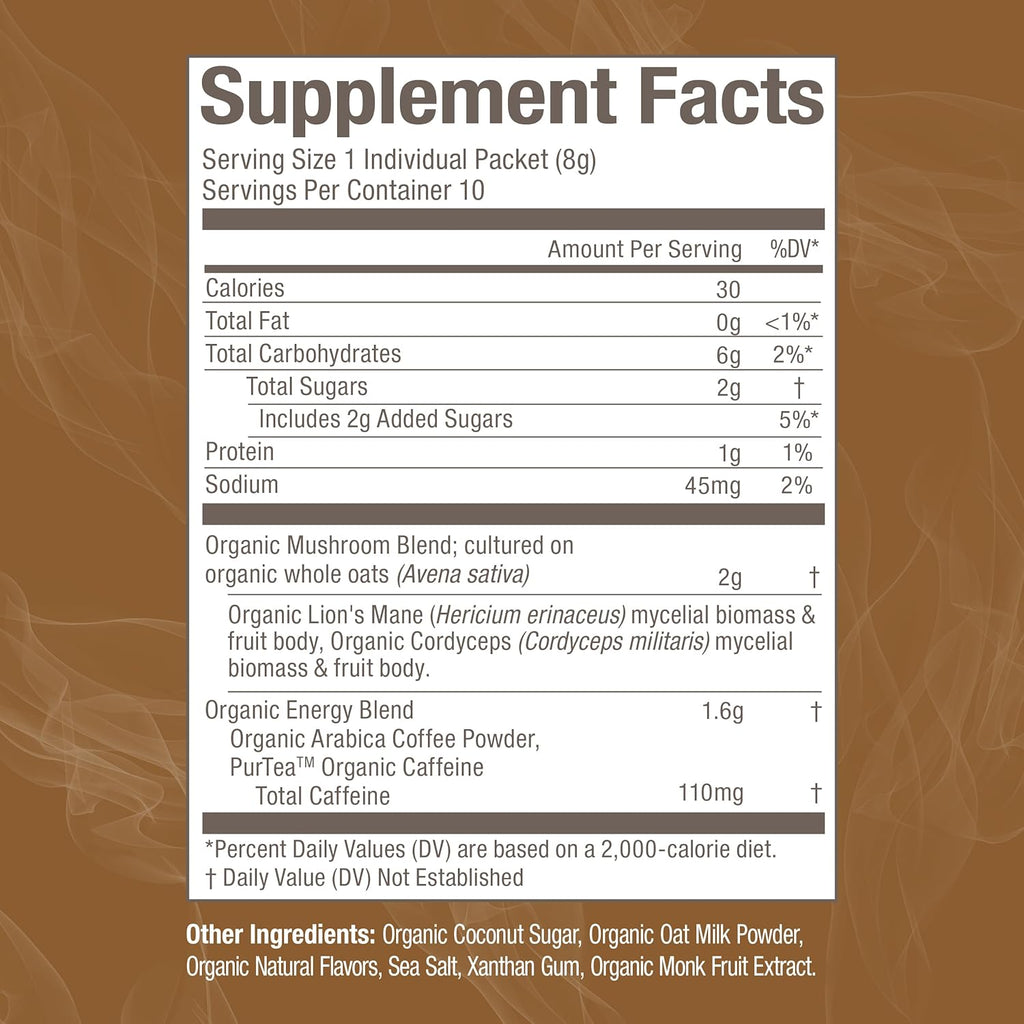 OM MUSHROOM SUPERFOOD Coffee Latte Blend Mushroom Powder, Single Serve, 10 Count, Lion's Mane, Cordyceps, Reishi, Chaga, Energy & Mental Clarity Support Supplement