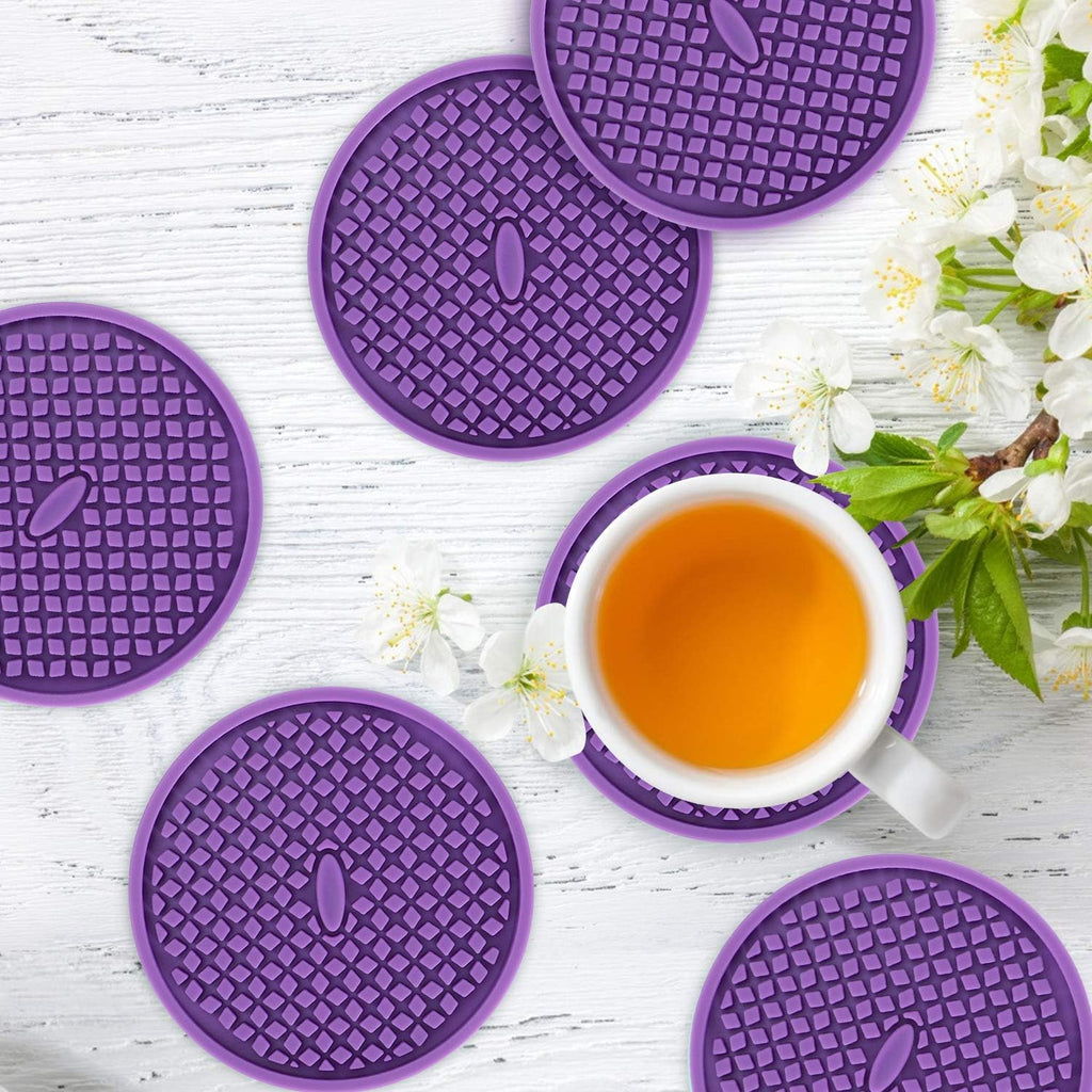 ME.FAN Silicone Coasters [6 Pack] Thickened Drink Coasters with Holder - Cup Mat - Non-Slip, Non-stick, Stay Put, Deep Tray - Prevents Furniture and Tabletop Damages(Deep Purple)