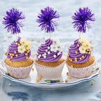 Ephlyn 30Pcs Foil Firework Cupcake Toppers Party Birthday Cake Toppers Supplies Sparkle Tinsel Cocktail Fruit Toothpick for Birthday Wedding Graduation Party Supplies Purple