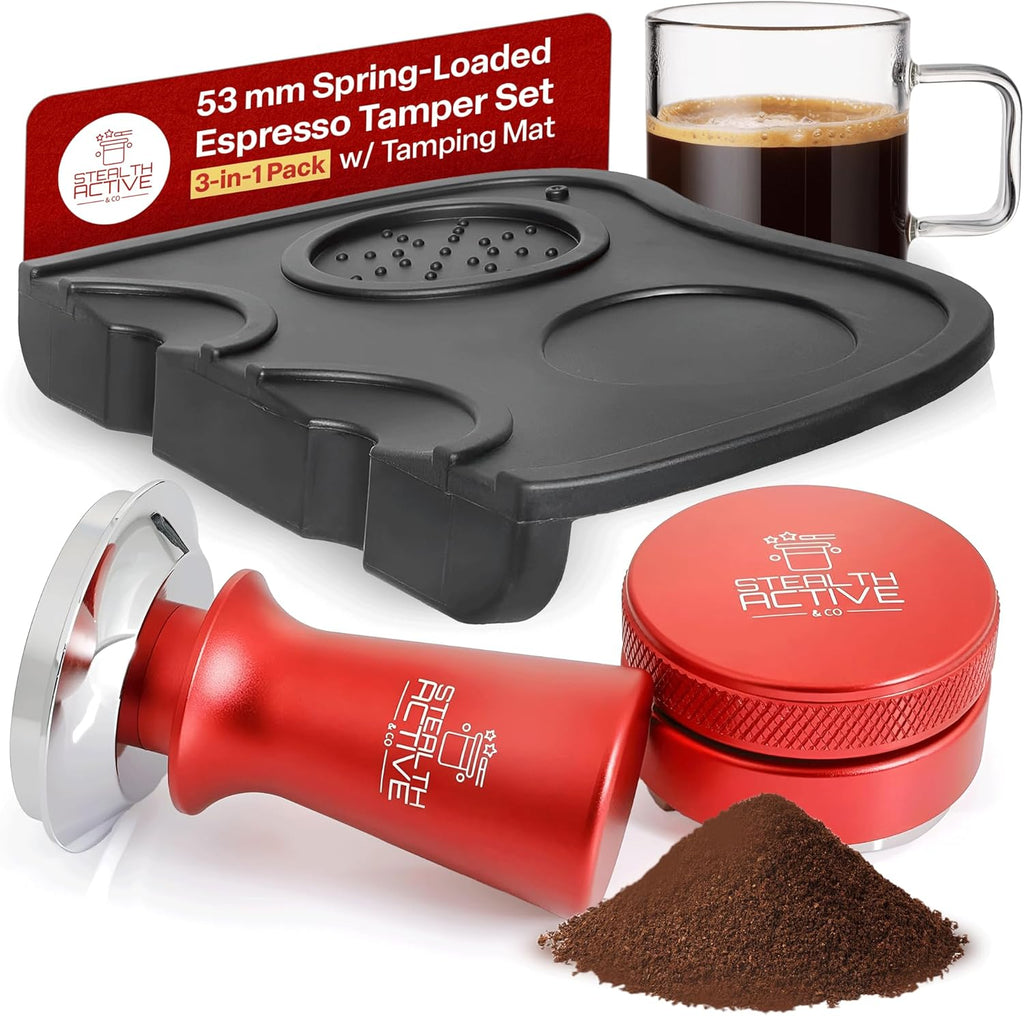 StealthActive&Co 53mm Espresso Tamper 3 in 1 Set Compatible with 54mm Filter - Spring Loaded Espresso Machine Tamper with Aluminum Handle, Espresso Distribution Tool, and Non-Slip Tamping Mat