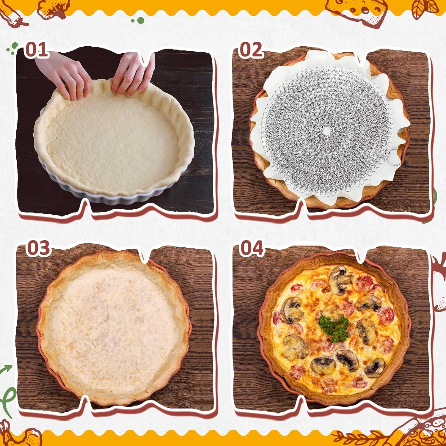 Patelai 1 Pcs Stainless Steel Pie Weights for Baking Universal Fit Pie Weight for 7-10 Inch Pies Round Metal Pies Weights Chain Dishwasher Safe Durable Blind Baking Dough Cooking Pastry (8 Inch)