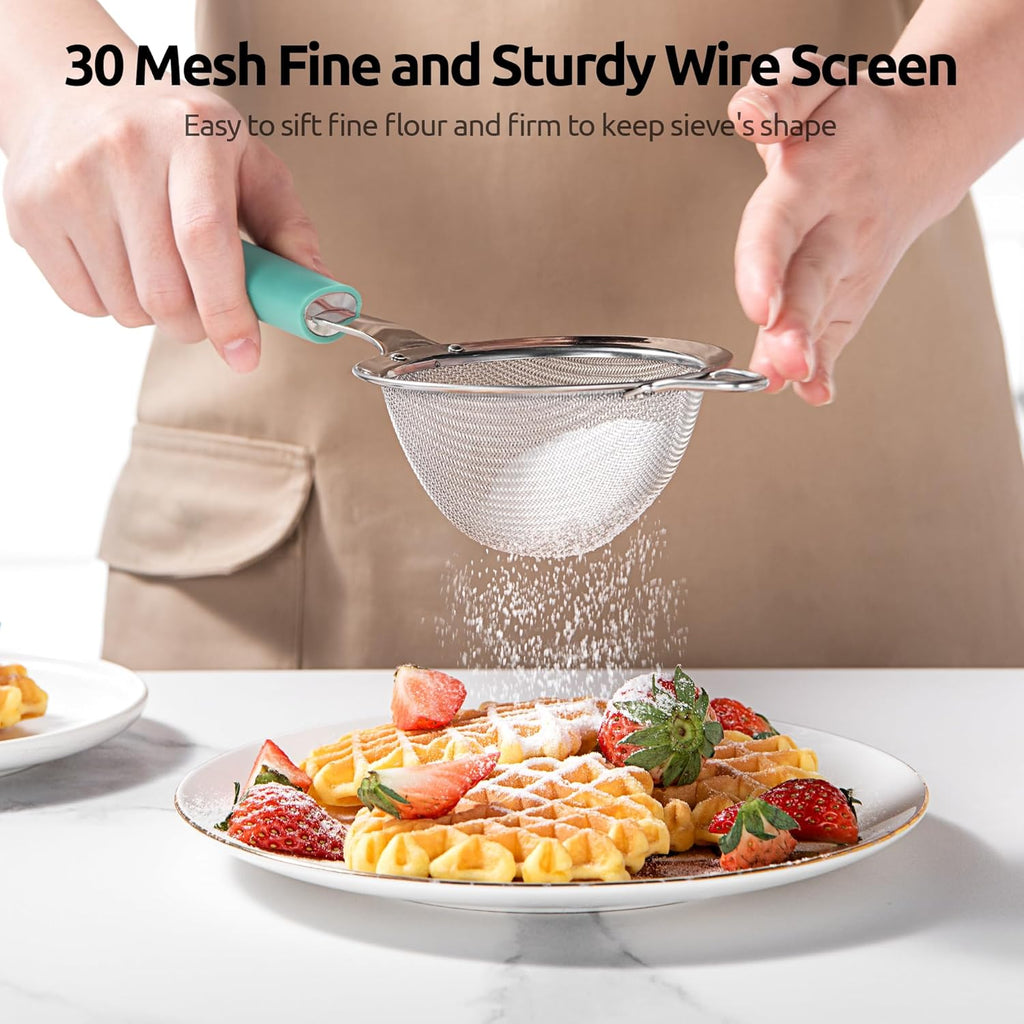 U-Taste Small Fine Mesh Strainer: 18/8 Stainless Steel 3.35in 30 Mesh Kitchen Food Sieve with Sturdy Riveted Silicone Handle, Heavy Duty Deep Handheld Metal Colander for Tea, Juice (Aqua Sky)