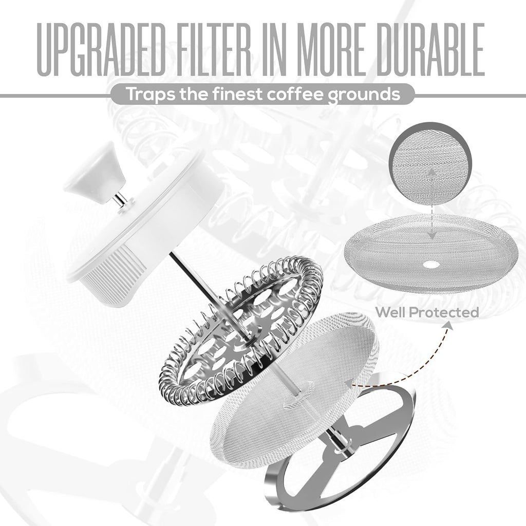 Utopia Kitchen French Press Espresso and Tea Maker with Triple Filters, Stainless Steel Plunger and Heat Resistant Borosilicate Glass (White, 34-oz (Pack of 1))