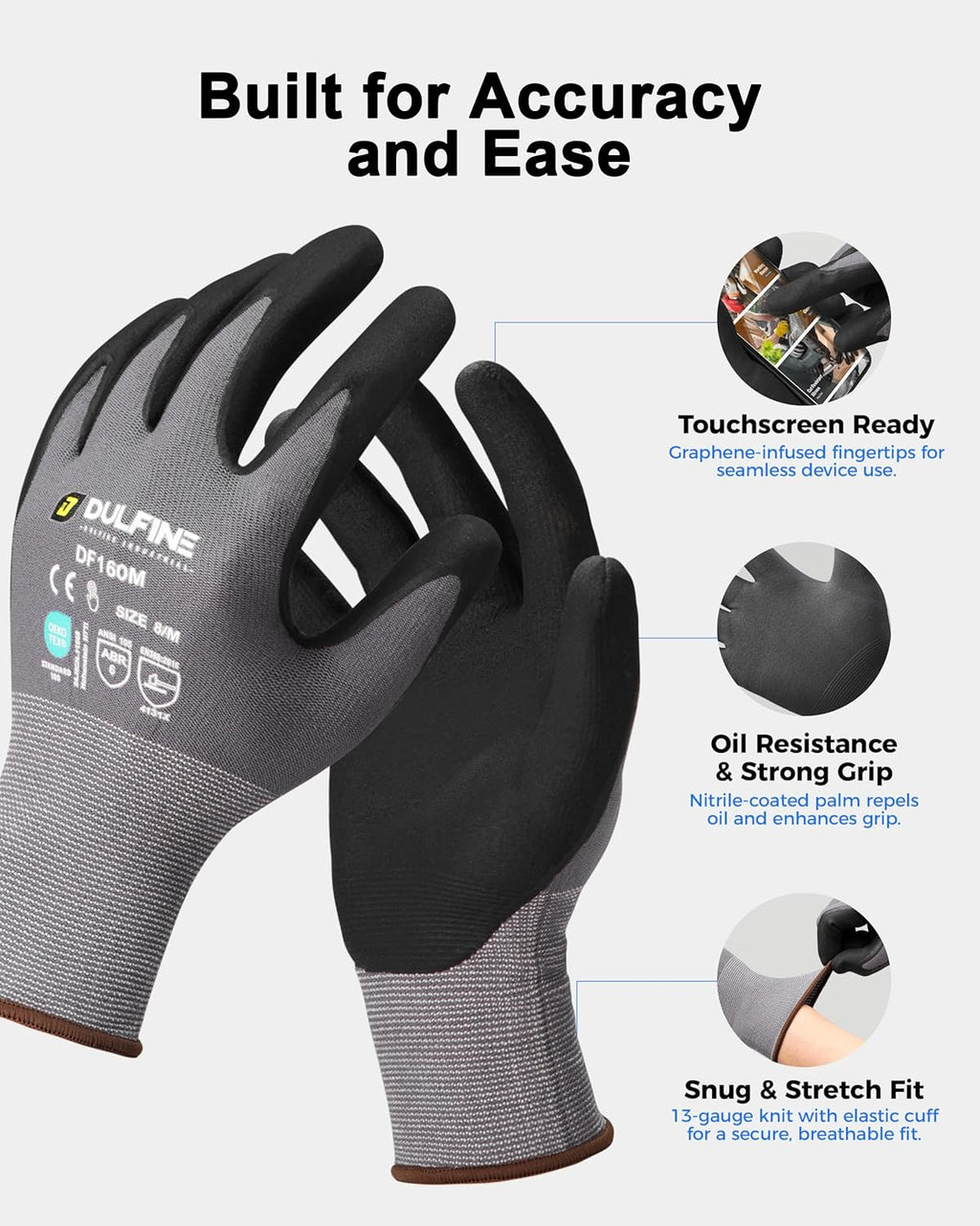 DULFINE Safety Work Gloves MicroFoam Nitrile Coated-6 Pairs Pack,Seamless Knit Nylon Glove with Black Micro-Foam Nitrile Grip,Ideal for General Purpose,Automotive,Home Improvement,Painting(Small)