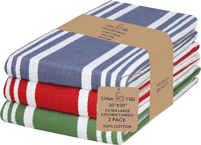 Urban Villa KitchenTowels 100% Cotton Pack of 3 Highly Absorbent Quick Drying Super Soft Premium Dish Towels for Kitchen with Hanging Loop Hand & Tea Towels - 20x30 Inch (Multi Color Striped)