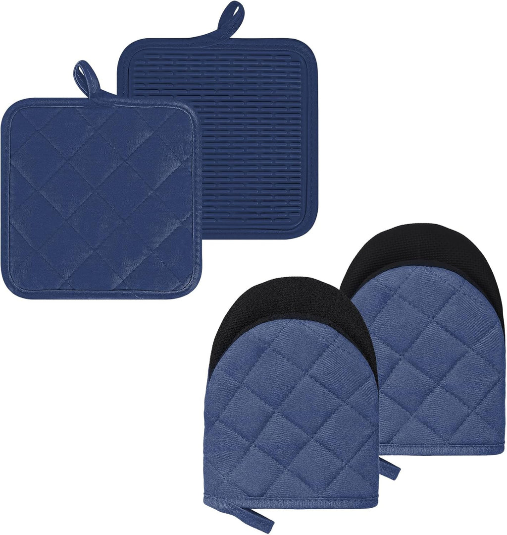 Oven Mitts and Pot Holders Set, Pack of 4, Heat Resistant Silicone Kitchen Mini Oven Mittens for 500 Degrees, Mini Oven Gloves and Hot Pads for Baking Grilling Barbecue Microwave Machine Washable