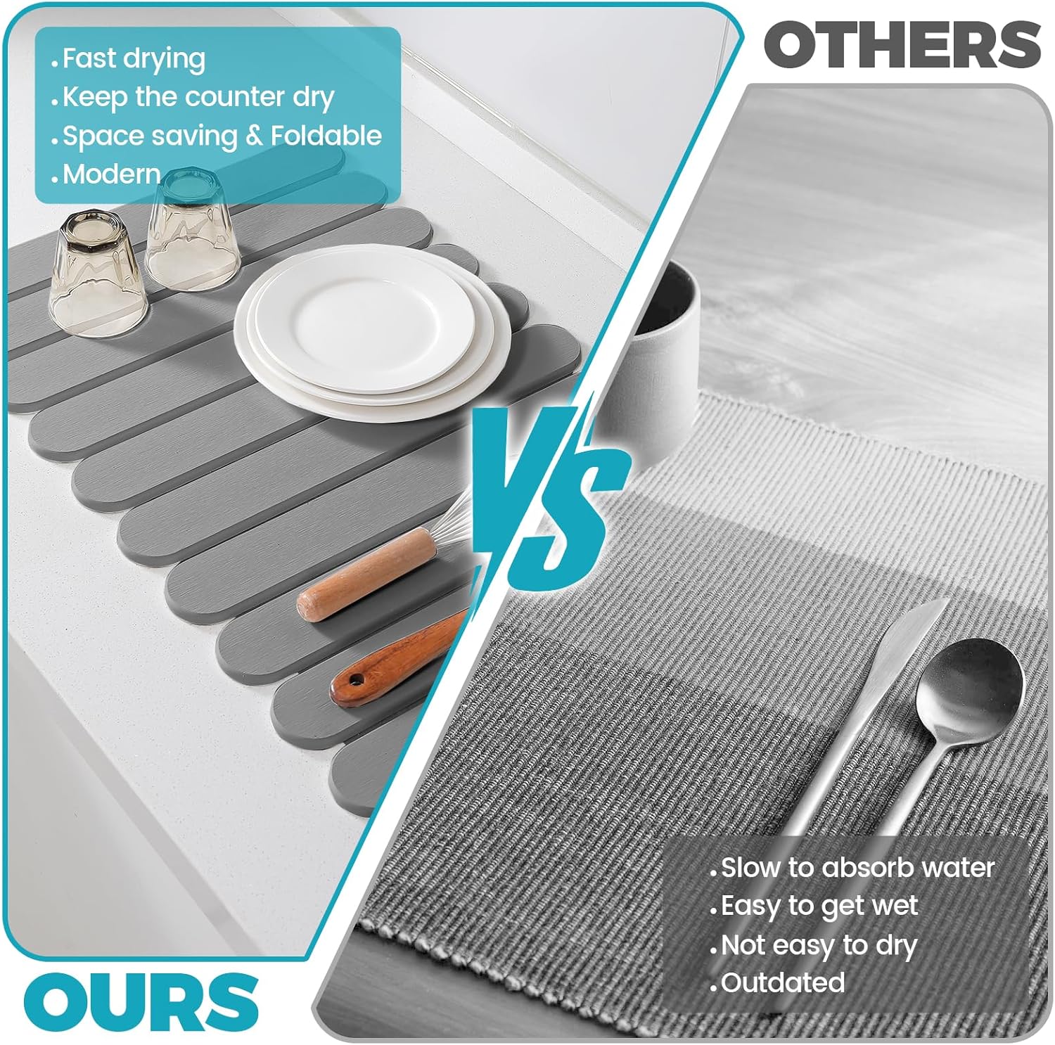 Extral Large Quick Dry Stone Drying Mat for Kitchen Counter,28"(L)x16"(W) Collapsible Eco-Friendly Absorbent Diatomaceous Earth Mat for Dishes Cups,Dish Drying Mats (Medium gray-Ellipse, 28x16 inch)