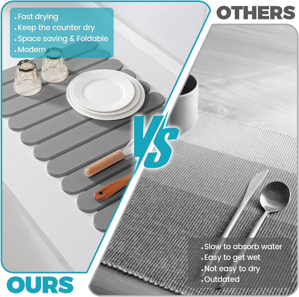 Extral Large Quick Dry Stone Drying Mat for Kitchen Counter,24"(L)x16"(W) Collapsible Eco-Friendly Absorbent Diatomaceous Earth Mat for Dishes Cups,Dish Drying Mats (Medium gray-Ellipse, 24x16 inch)