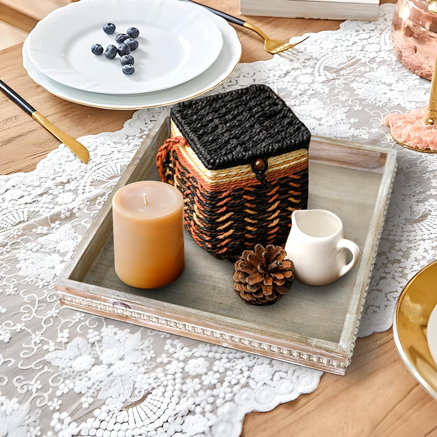 Wooden Decorative Tray, Small Serving Tray with Wood Bead, Farmhouse Big Tray for Ottoman, Countertop, Coffee Tabl, 13" x 13"x 1.6" (White Washed)