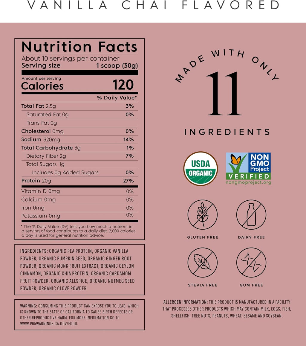 Truvani Vegan Pea Protein Powder | Vanilla Chai | 20g Organic Plant Based Protein | 10 Servings | Keto | Gluten & Dairy Free | Low Carb | No Added Sugar