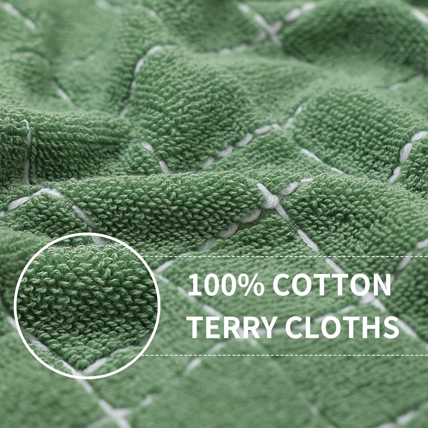 Homaxy 100% Cotton Terry Kitchen Towels(Grass Green, 13 x 28 inches), Checkered Designed, Soft and Super Absorbent Dish Towels, 8 Pack