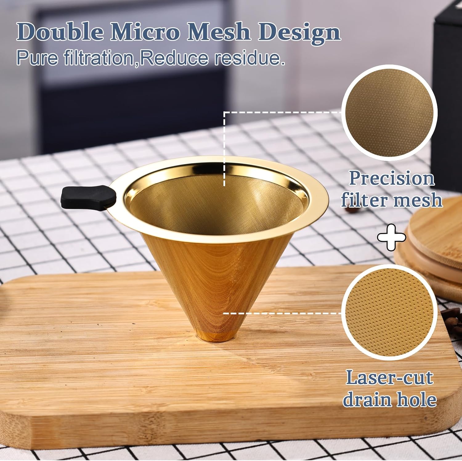 Small Size Pour Over Coffee Filter Dripper, Stainless Steel Metal Cone Drip Coffee Filter, Paperless and Permanently Reusable, Double Mesh Coffee,Tea Filter for 1-2 Cups