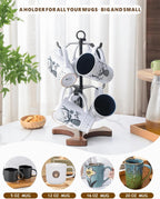 Mug Holder Tree for Countertop | 2-Tier Coffee Cup Stand & Rack Holds 6 Large Mugs, 5oz to 20oz | Space-Saving Mug Stand with Solid Wood Base | Kitchen Counter Organizer & Coffee Bar Accessories