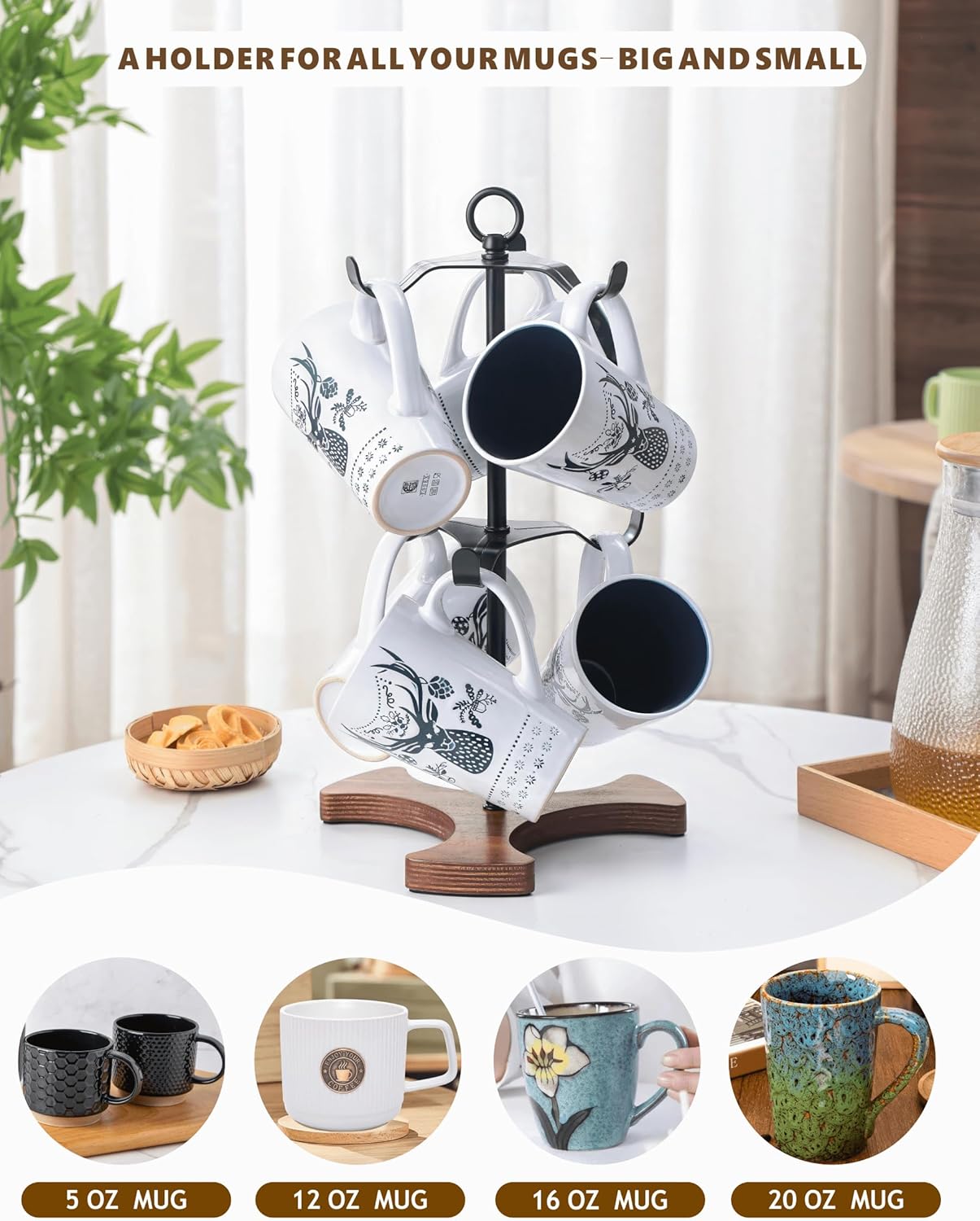 Mug Holder Tree for Countertop | 2-Tier Coffee Cup Stand & Rack Holds 6 Large Mugs, 5oz to 20oz | Space-Saving Mug Stand with Solid Wood Base | Kitchen Counter Organizer & Coffee Bar Accessories