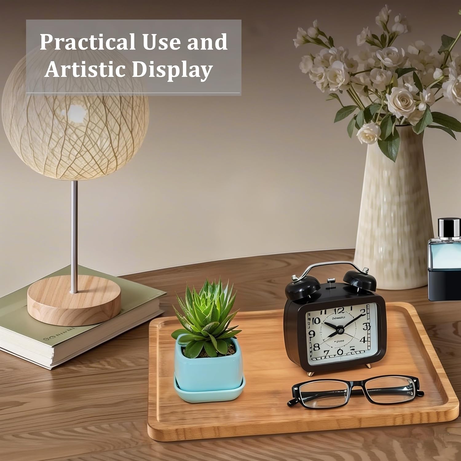 Wood Tray for Coffee Tea Wooden Serving Tray for Food Fruit Snack Decorative Serving Platter, 13.8x9.8 Inches