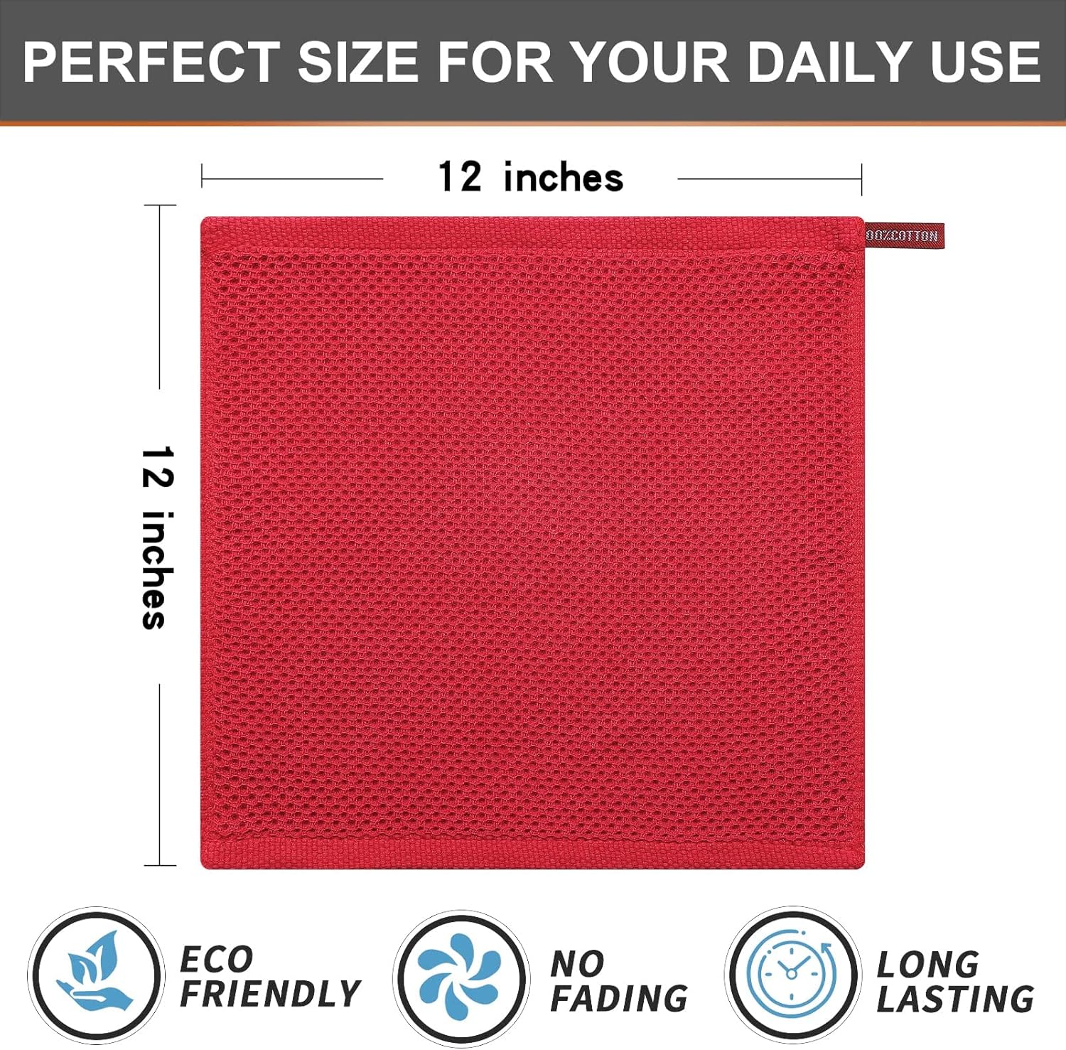 Kitinjoy 100% Cotton Kitchen Dish Cloths, 12 Pack Waffle Weave Ultra Soft Absorbent Dish Towels for Drying Dishes Quick Drying Kitchen Towels Dish Rags, 12 X 12Inch, Red
